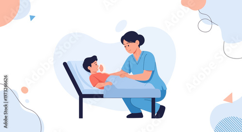 Nurse Caring for Sick Child in Hospital Bed, Medical Care Illustration