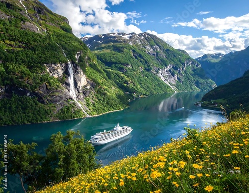 A serene cruise ship sails through a picturesque fjord surrounded by lush green mountains and vibrant yellow flowers