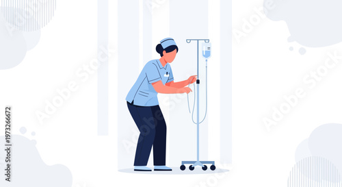 Nurse Adjusting IV Drip Stand in Hospital Room