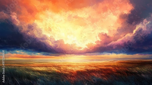 Vibrant Sunset Over Golden Field with Dramatic Clouds Illuminating the Sky and Natural Landscape During Twilight Hours