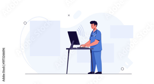 Doctor working on computer at standing desk, modern healthcare technology concept