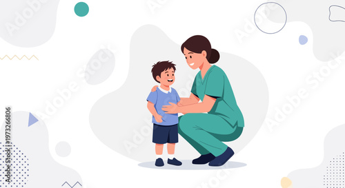 Nurse comforting child, healthcare, medical, doctor, patient, care, support, hospital, clinic, pediatrician