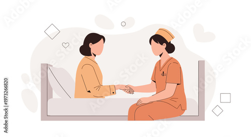 Nurse shaking hands with patient in hospital bed, healthcare concept illustration