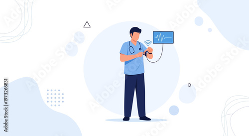 Doctor using smartwatch with ECG monitor, healthcare technology concept