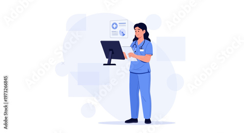 Nurse in blue scrubs using computer in modern clinic with medical chart