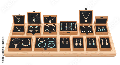 Elegant gold and turquoise jewelry pieces are meticulously displayed within open wooden velvet-lined boxes on a light timber countertop under bright even illumination.