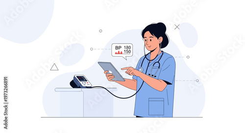 Nurse using tablet with blood pressure monitor data, modern healthcare technology