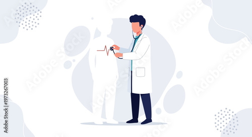 Doctor examines patient with stethoscope, showing heartbeat line on chest, medical concept