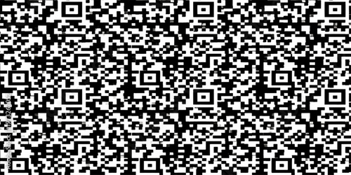Seamless black pixel vector pattern featuring a square qr code and numeric alphabet data design for modern technology and business art illustration