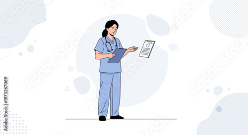 Female doctor in blue scrubs holding clipboard and medical report in clinic