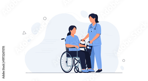 Nurse assisting patient in wheelchair, healthcare, medical care, support, disability
