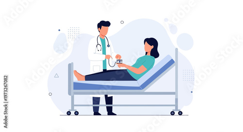 Doctor examining patient in hospital bed with stethoscope and blood pressure monitor