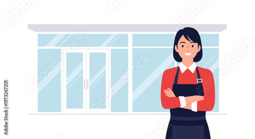 A professional female employee wearing a red collared shirt and navy blue apron stands proudly with crossed arms in front of a glass storefront under soft daylight.