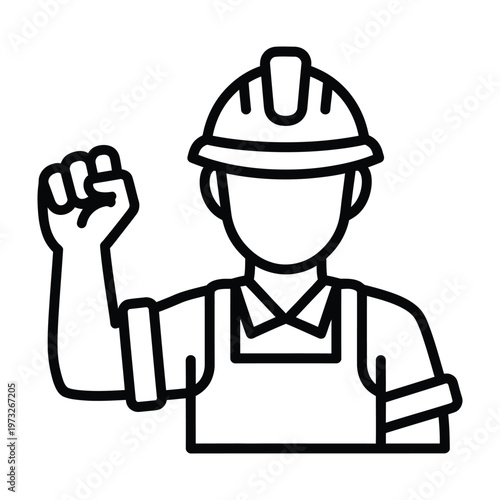Construction worker with hard hat and raised fist icon representing power and labor strength with manual labor with line art