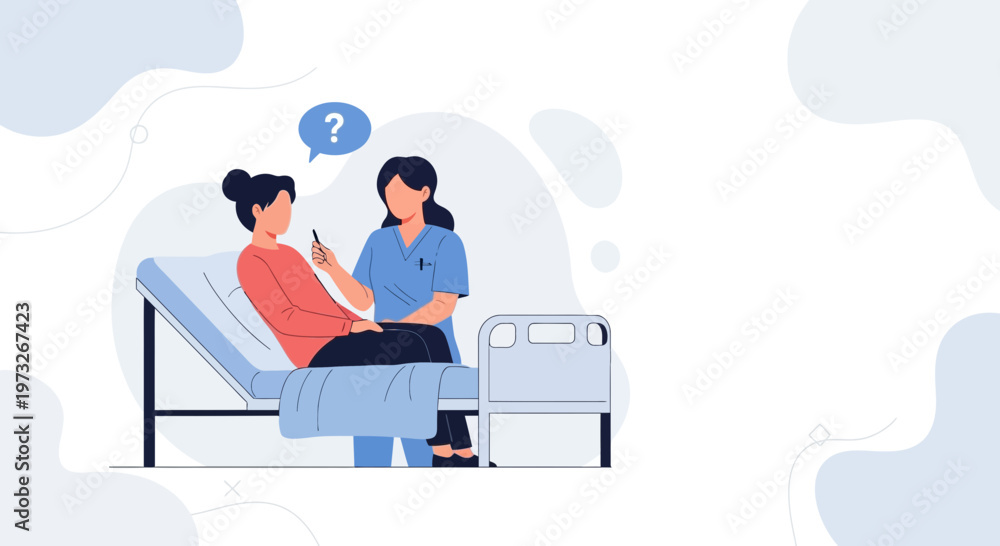Fototapeta premium Nurse Consults Patient in Hospital Bed, Question Mark Bubble Above