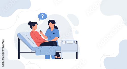 Nurse Consults Patient in Hospital Bed, Question Mark Bubble Above