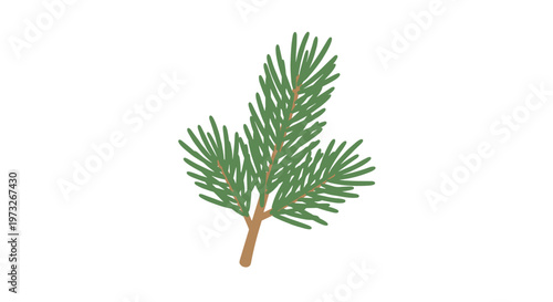 A single green pine branch with soft needles and a sturdy brown stem is depicted as a minimalist illustration against a clean white backdrop in flat green tones.