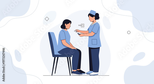 Nurse examines patient's eyes with optometry equipment, medical check-up illustration