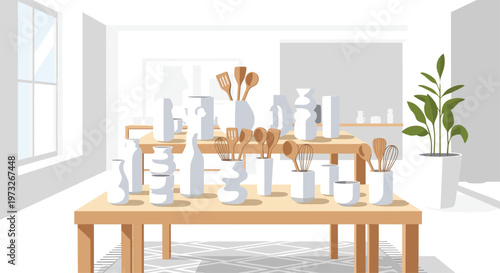 A bright modern showroom displays an array of white ceramic vessels and wooden kitchen tools on light timber tables within a minimalist interior space.