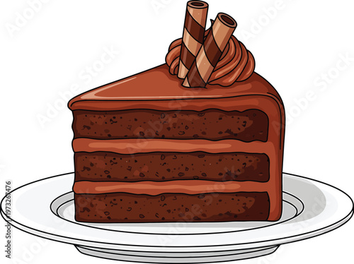 Chocolate Cake Slice on White Plate Isolated