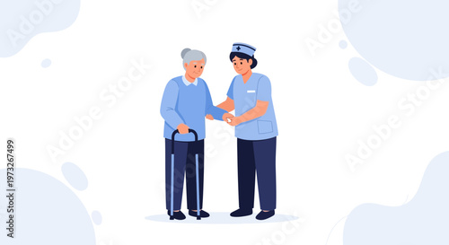Nurse assisting elderly woman with cane, healthcare, home care, support