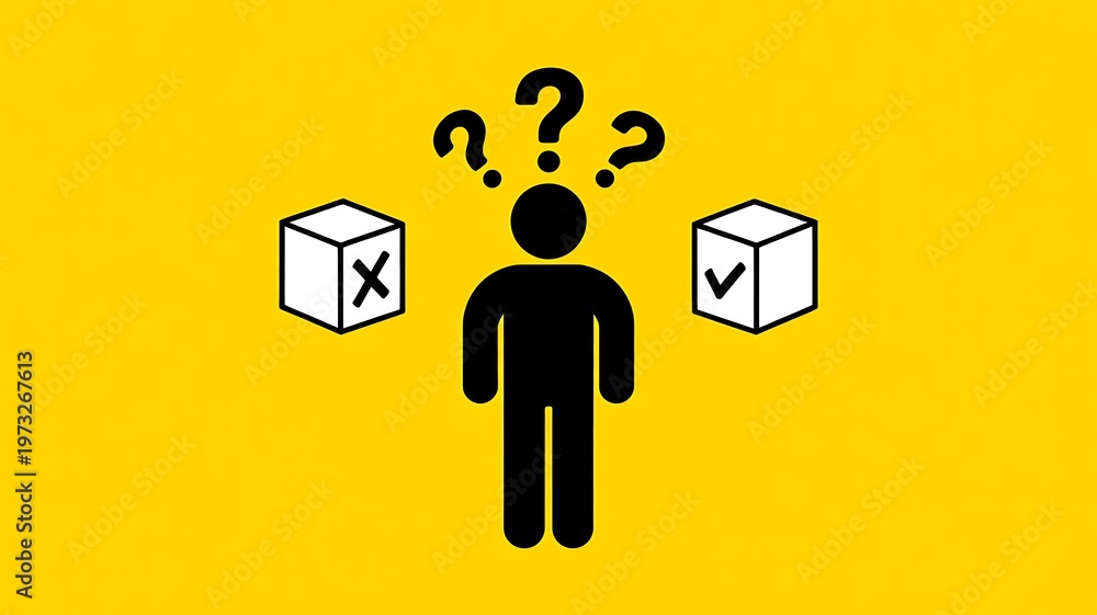 Fototapeta premium Title: Person with question marks choosing between options representing confusion and decision making concept