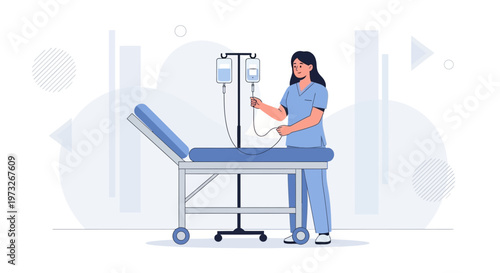 Nurse Adjusting IV Drip Bag Next to Hospital Bed in Modern Clinic