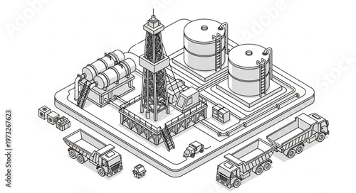 Industrial oil and gas platform with storage tanks and rig.