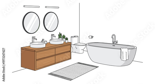 A contemporary bathroom layout features a warm wooden vanity with vessel sinks and a large freestanding bathtub rendered in a clean line-art style on white.