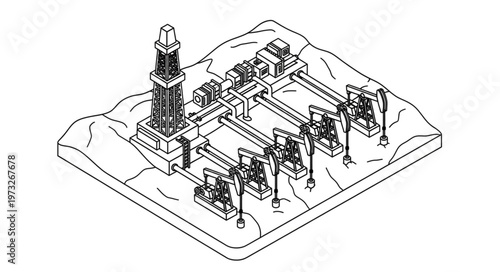 Industrial oil pumpjacks and central drilling tower installation.