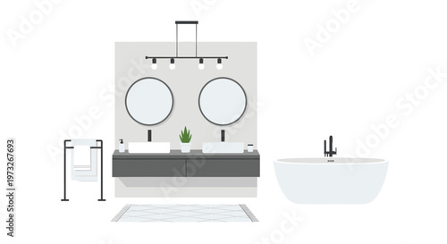 A pristine modern bathroom interior showcases a sleek gray floating vanity with double sinks and two round mirrors beside a freestanding white bathtub in gray.