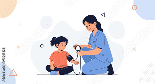 Nurse checking child's blood pressure, healthcare, medical checkup, doctor and patient illustration