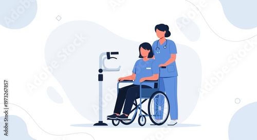 Nurse pushing patient in wheelchair with walker nearby, healthcare concept