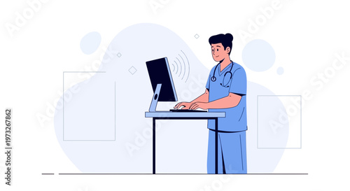 Doctor working on computer at standing desk, medical technology concept