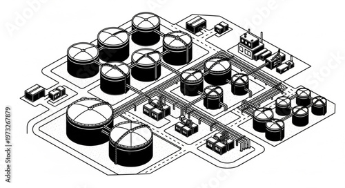 Industrial petrochemical storage tank farm illustration.