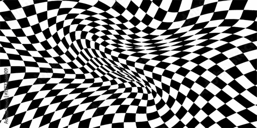 A geometric black and white checkered pattern illustration featuring a racing flag design and a perspective chessboard floor texture for a classic F1 competition vector