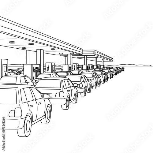 Gas Station Queue: Cars lined up at a gas station, waiting to refuel, emphasizing energy, consumption, and transportation in a simple line drawing.