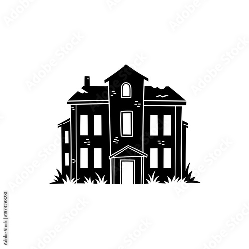 Abandoned house silhouette: A monochrome representation of a dilapidated house, conveying a sense of age, neglect, and possible abandonment.