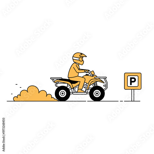 Quad Bike Adventure: A rider in safety gear, skillfully navigates an all-terrain vehicle, creating a trail of dust. The image signifies adventure, recreational pursuit and off-road driving experience.