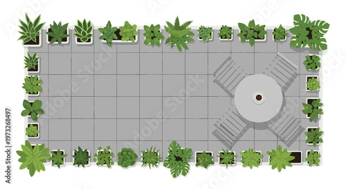 An overhead perspective reveals a spacious grey tiled patio bordered by numerous potted green plants surrounding a central round table with four grey seats.