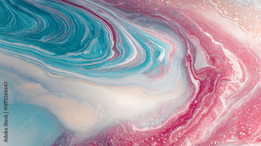 Fototapeta premium Abstract macro photo of colorful liquid textures with white, pink, and turquoise swirls. Soft marble-like patterns create a dreamy, fluid motion effect. Abstract macro cool