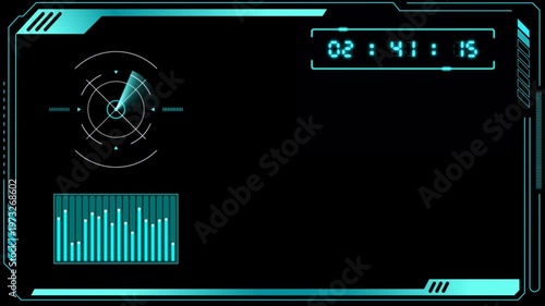 Animation futuristic HUD Interface Dashboard with Digital Data Visualization on Dark Background.