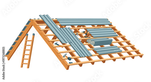 A sturdy wooden A-frame roof structure is shown under construction with several grey corrugated metal sheets and various hand tools scattered on the rafters.