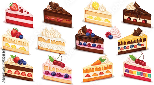 Colorful Cake Slices with Fruits and Cream on White Background