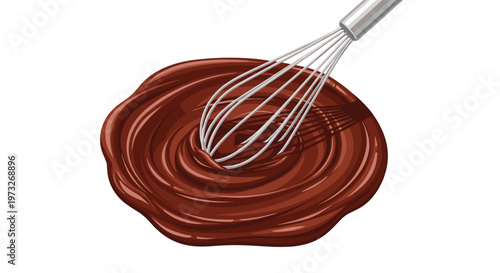 A shiny stainless steel wire whisk stirs a thick pool of glossy melted dark chocolate creating smooth circular ripples on a clean white background surface.