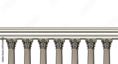 A series of ornate Corinthian column capitals with intricate leaf carvings supports a long horizontal architectural entablature against a stark white background.