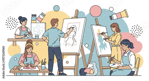 People painting on canvas in art studio with colorful modern illustration for creative workspace