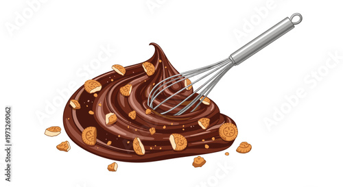A professional metal whisk blends into a thick swirl of luscious chocolate cream filled with various sizes of crunchy golden biscuit and cookie fragments.