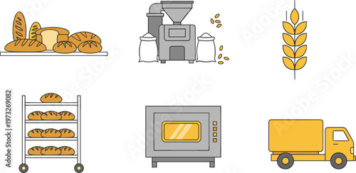 Cartoon bread production stages in colorful vector illustration of wheat, flour, baking, loaf, and delivery process design