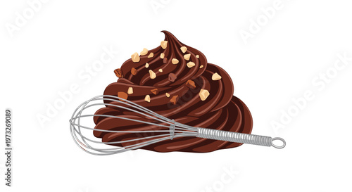 A decadent swirl of rich dark chocolate frosting garnished with crunchy chopped hazelnut pieces rests beside a professional stainless steel wire whisk tool.